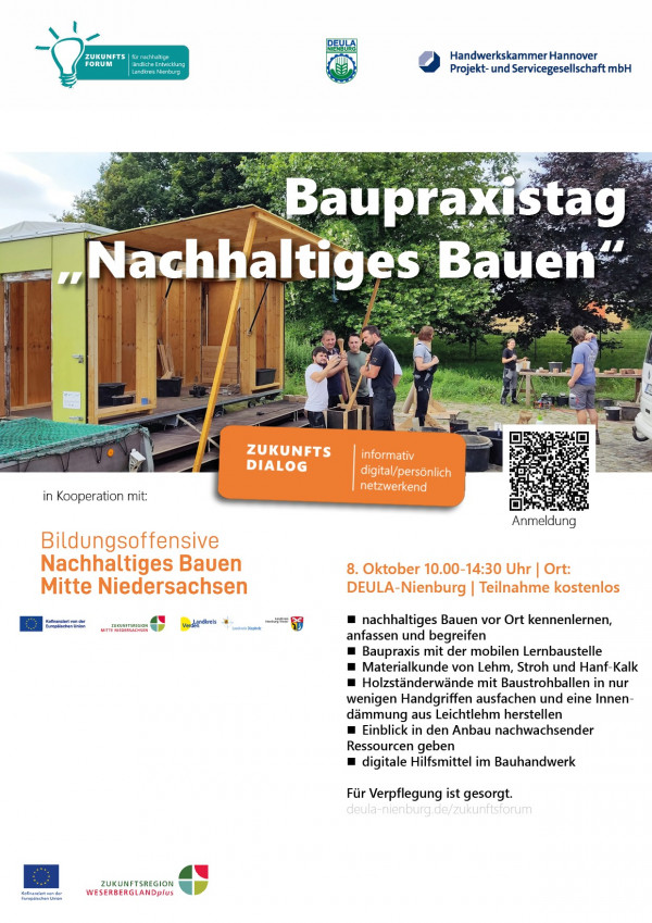 Personen im Gespräch vor einer mobilen Lernbaustelle in Containerform