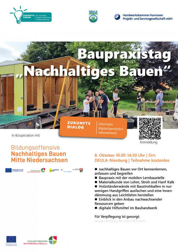 Personen im Gespräch vor einer mobilen Lernbaustelle in Containerform