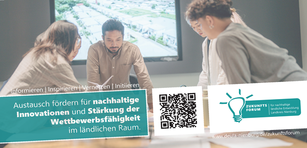 Titelbild vom Flyer mit Menschen stehend am Tisch im Gespräch